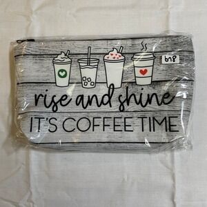 The Pouch Cosmetic Bag Women Small White NWT Rise and Shine Coffee Time Pouch